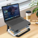 White 2-in-1 laptop stand with keyboard storage ergonomic desk setup