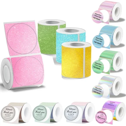 Rolls of 2-inch holographic glitter thermal labels for small business