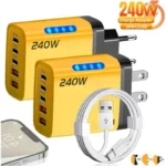 Yellow 240W GaN 5-port USB-C fast charger with international plugs