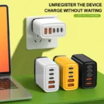 Yellow 240W GaN 5-port USB-C fast charger with international plugs