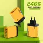 Yellow 240W GaN 5-port USB-C fast charger with international plugs