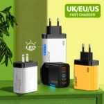 Yellow 240W GaN 5-port USB-C fast charger with international plugs