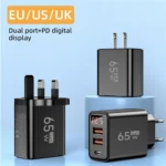65W GaN fast charger with USB-C, USB-A ports, digital display