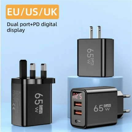 65W GaN fast charger with USB-C, USB-A ports, digital display