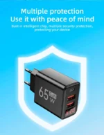 65W GaN fast charger with USB-C, USB-A ports, digital display