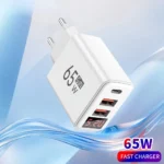 65W GaN fast charger with USB-C, USB-A ports, digital display