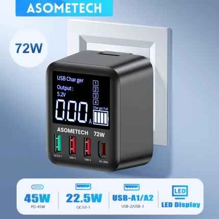 72W GaN USB-C multi-port fast wall charger with LED display