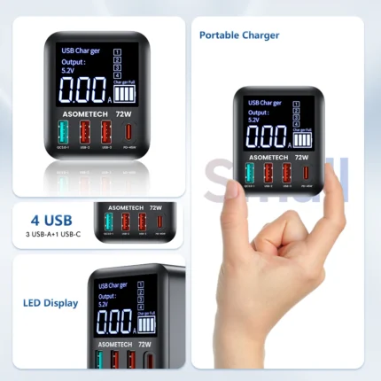 72W GaN USB-C multi-port fast wall charger with LED display