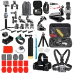 Action camera accessory kit with mounts, straps, case, and floating grip
