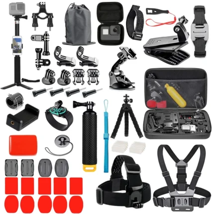 Action camera accessory kit with mounts, straps, case, and floating grip