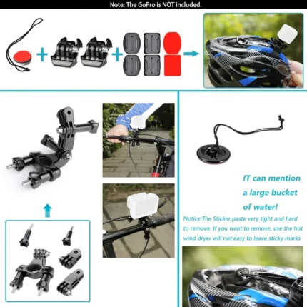 Action camera accessory kit with mounts, straps, case, and floating grip