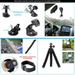 Action camera accessory kit with mounts, straps, case, and floating grip