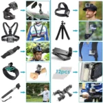 Action camera accessory kit with mounts, straps, case, and floating grip