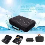 Action camera accessory kit with mounts, straps, case, and floating grip