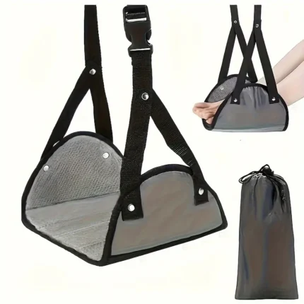 Adjustable padded portable foot hammock for desk and airplane travel