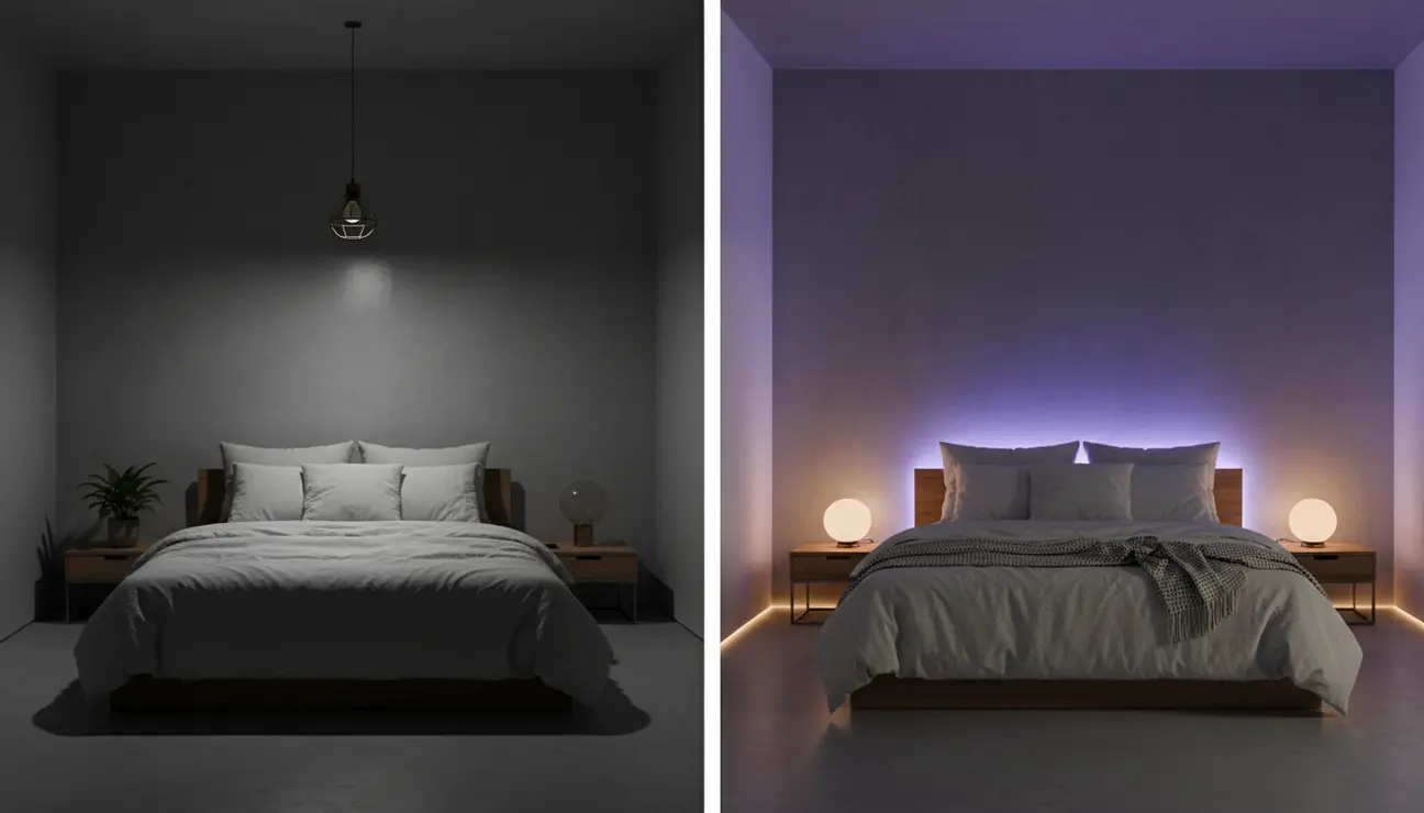 Aesthetic bedroom lighting before and after comparison.