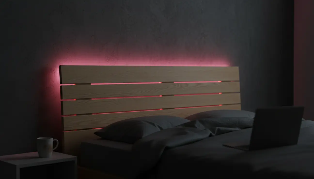 Smart LED strips creating ambient bedroom lighting.
