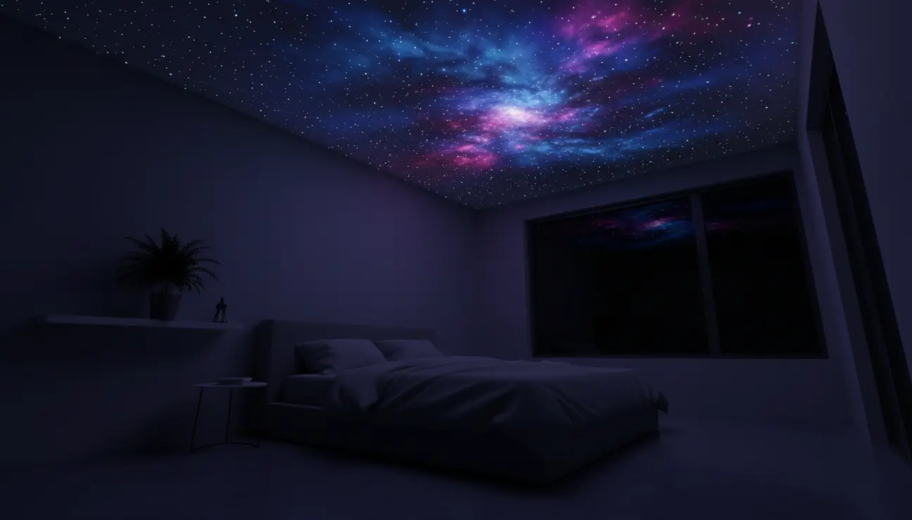 Galaxy projector creating a nebula on bedroom ceiling.