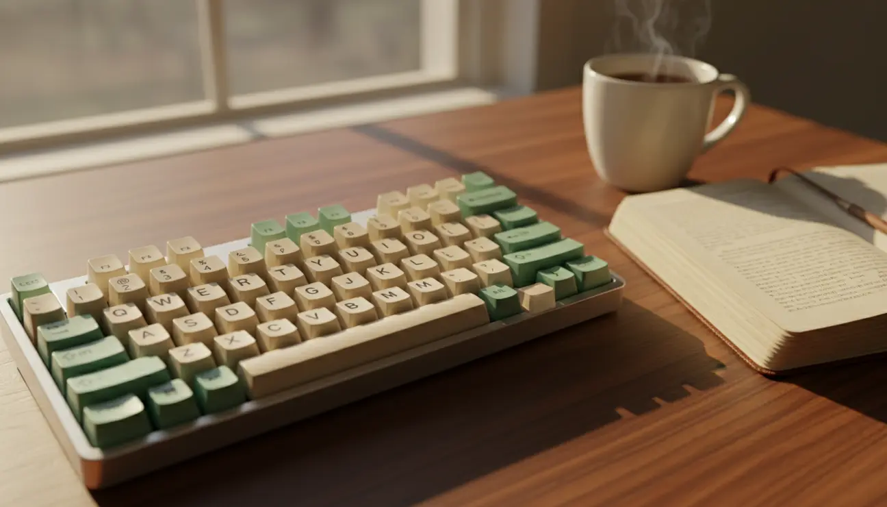 Vintage retro-style aesthetic keyboard on desk.