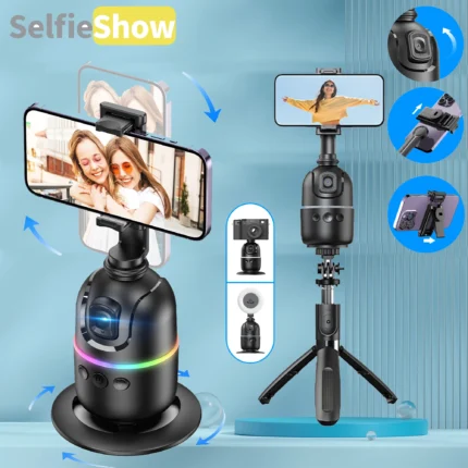 AI tracking phone holder with selfie stick tripod and RGB light