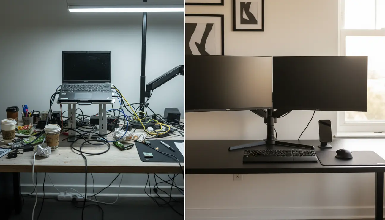 Split screen comparison of messy vs all black desk setup.