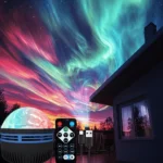 Dynamic aurora galaxy star projector illuminating a room with vibrant colors