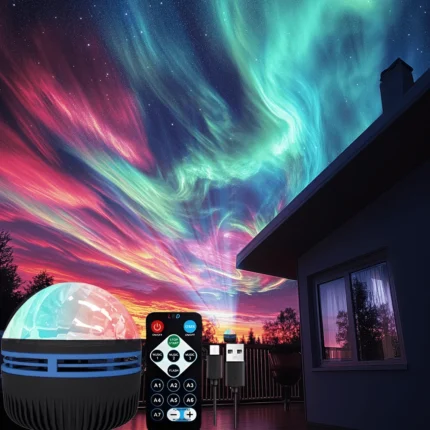 Dynamic aurora galaxy star projector illuminating a room with vibrant colors
