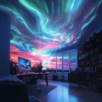 Dynamic aurora galaxy star projector illuminating a room with vibrant colors