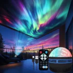 Dynamic aurora galaxy star projector illuminating a room with vibrant colors