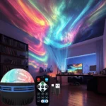 Dynamic aurora galaxy star projector illuminating a room with vibrant colors