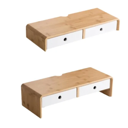 Bamboo monitor stand with white storage drawers and cable cutout
