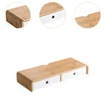 Bamboo monitor stand with white storage drawers and cable cutout