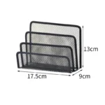 Black metal mesh desk organizer with three compartments holding office supplies.
