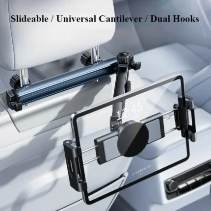 Car headrest tablet phone mount with extendable arm and hooks