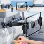 Car headrest tablet phone mount with extendable arm and hooks