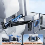 Car headrest tablet phone mount with extendable arm and hooks
