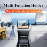 Car headrest tablet phone mount with extendable arm and hooks