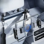 Car headrest tablet phone mount with extendable arm and hooks