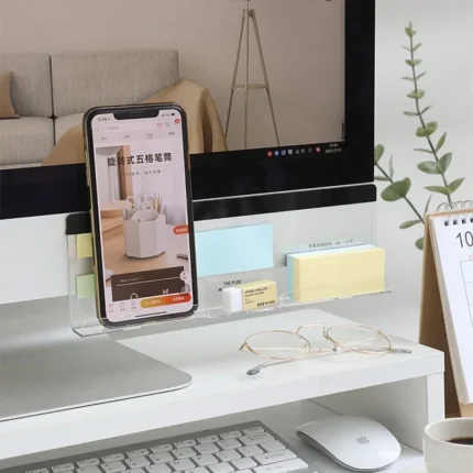 Clear acrylic monitor shelf with phone holder and sticky note display
