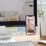 Clear acrylic monitor shelf with phone holder and sticky note display