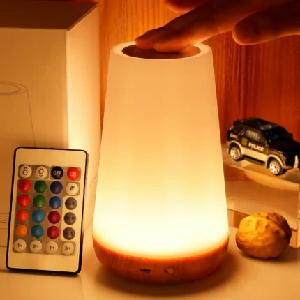 Color changing RGB mood lamp with wooden base and remote control