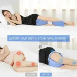 Contoured knee pillow for side sleepers with strap for leg support