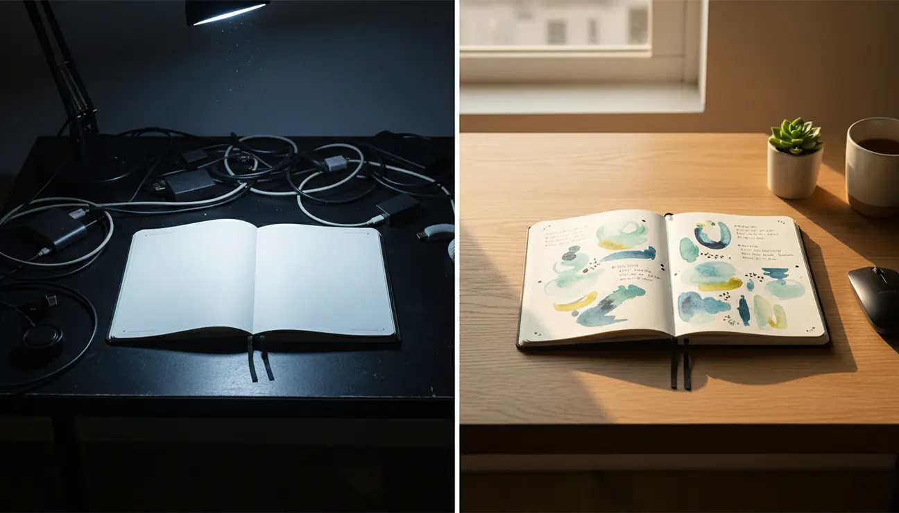 Split view of messy vs organized creative journaling desk.