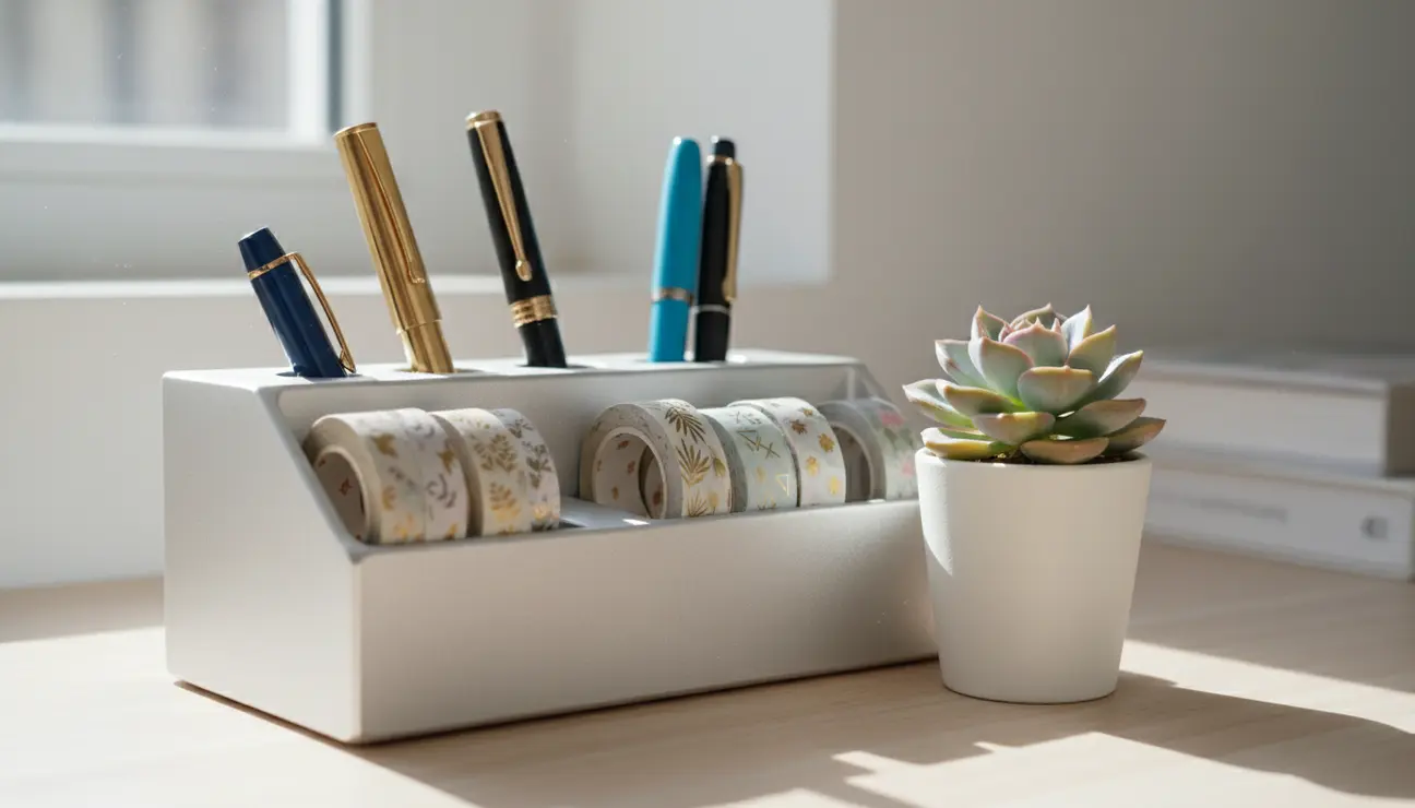 Minimalist desk organizer for creative journaling supplies.
