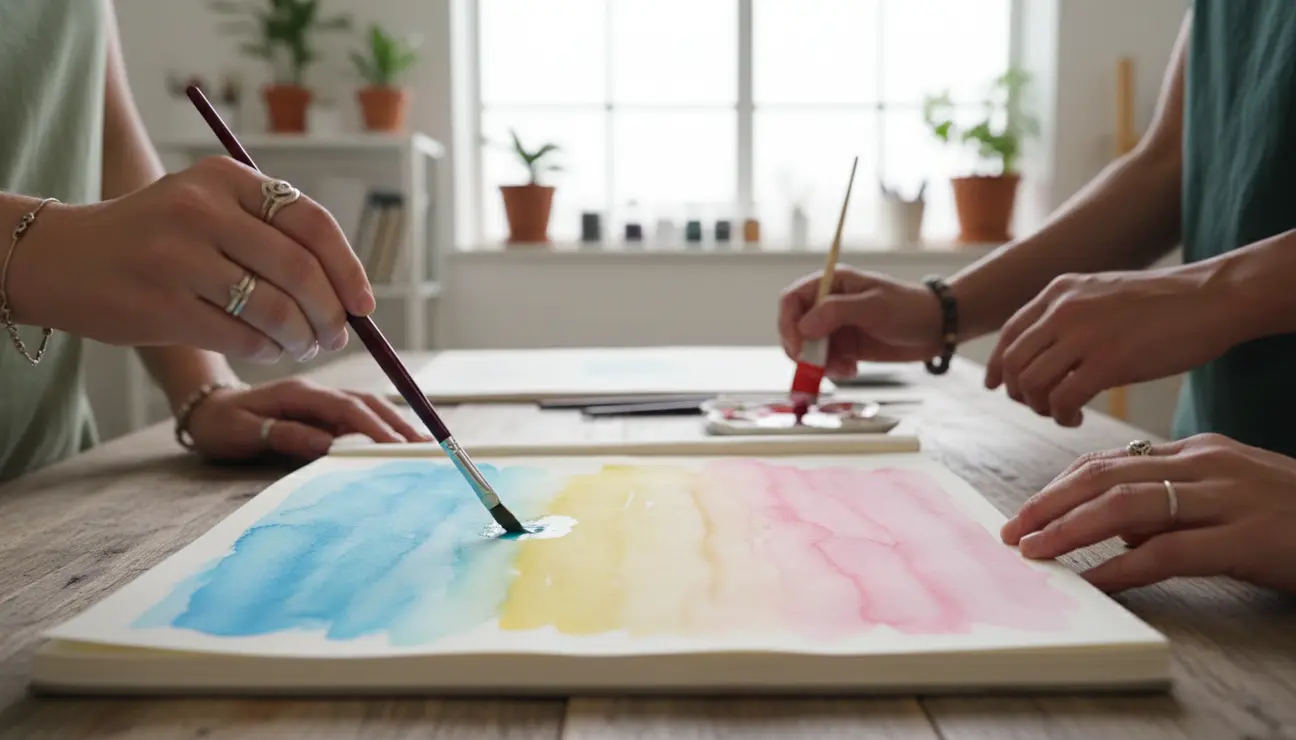 Diverse hands painting a mood palette for creative journaling.