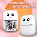 Cute portable thermal printer printing family photo from smartphone app