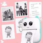 Cute portable thermal printer printing family photo from smartphone app