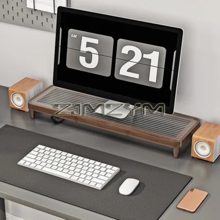 Dark wood monitor stand with ribbed translucent top