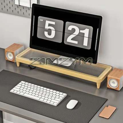 Dark wood monitor stand with ribbed translucent top