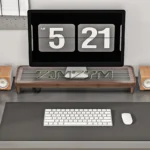 Dark wood monitor stand with ribbed translucent top